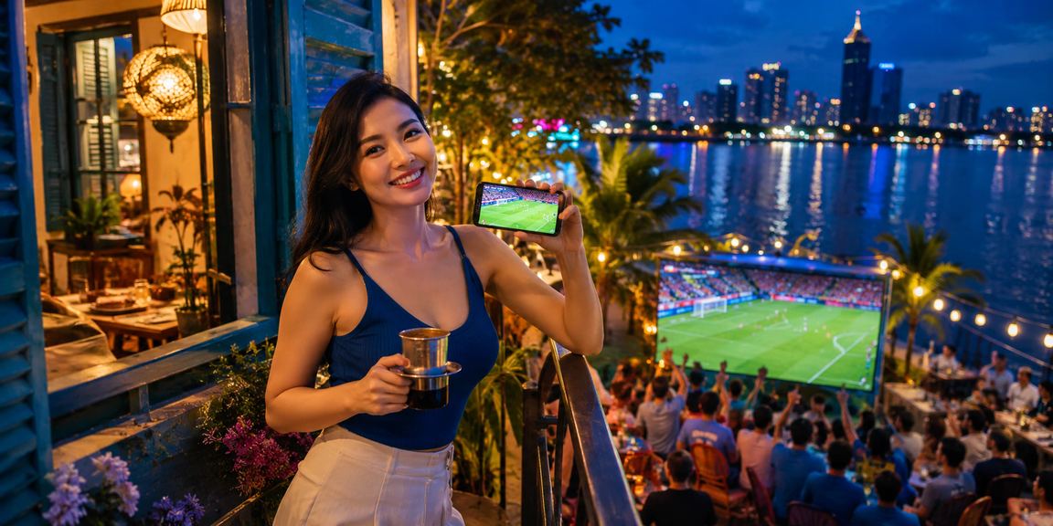 Người dùng xem bóng đá tại quán cà phê Sài Gòn qua giao diện thể thao xe4